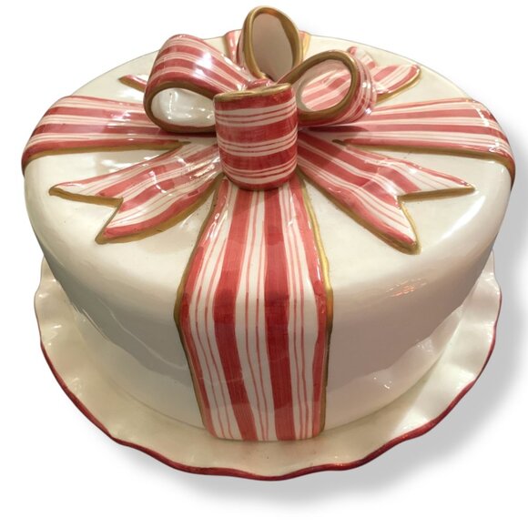 Vintage World Bazaar Large Ceramic Peppermint Swirl Bow Tie Cake Holder Holidays - Picture 1 of 8